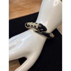 Gold & Black Snake-Inspired Hinged Bangle Bracelet With Rhinestone Embellishment